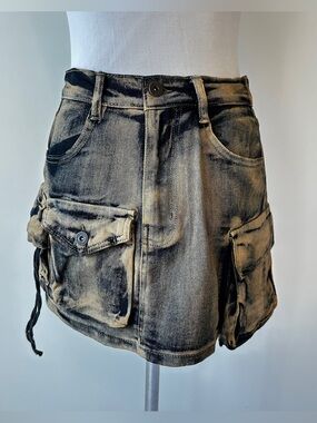 Spoon Jeans Bleached Denim Cargo Mini Skirt Pockets Grunge Punk Medium Street